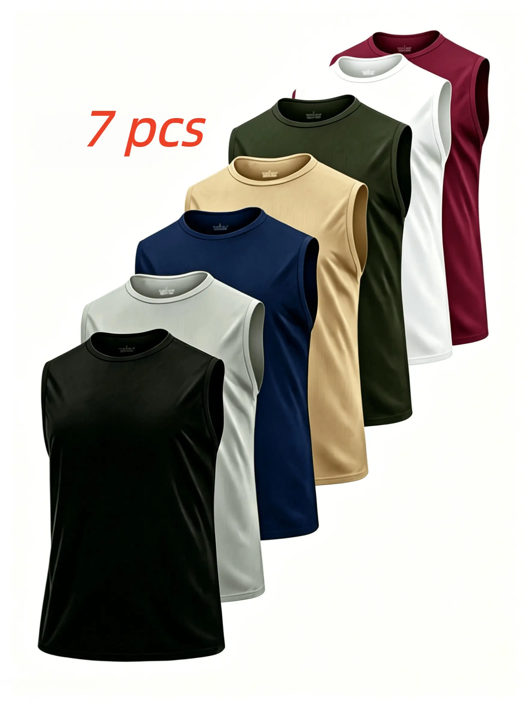 7 Pack Men’s Quick Dry Athletic Tank Top Set, Round Neck Sleeveless Basketball Training Vests, Breathable Knit Solid Workout Shirts, Regular Fit Plus Size Base Layer, Comfort Sport Tank Tops for Gym Running Outdoor Casual Summer Wear