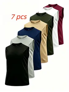 7 Pack Men’s Quick Dry Athletic Tank Top Set, Round Neck Sleeveless Basketball Training Vests, Breathable Knit Solid Workout Shirts, Regular Fit Plus Size Base Layer, Comfort Sport Tank Tops for Gym Running Outdoor Casual Summer Wear