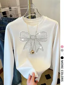 Women's Bowknot Long Sleeve Fitted T-Shirt Top, Butterfly Round Neck Casual Style, Comfortable All Season Wear, Trendy Campus Fashion Womenswear