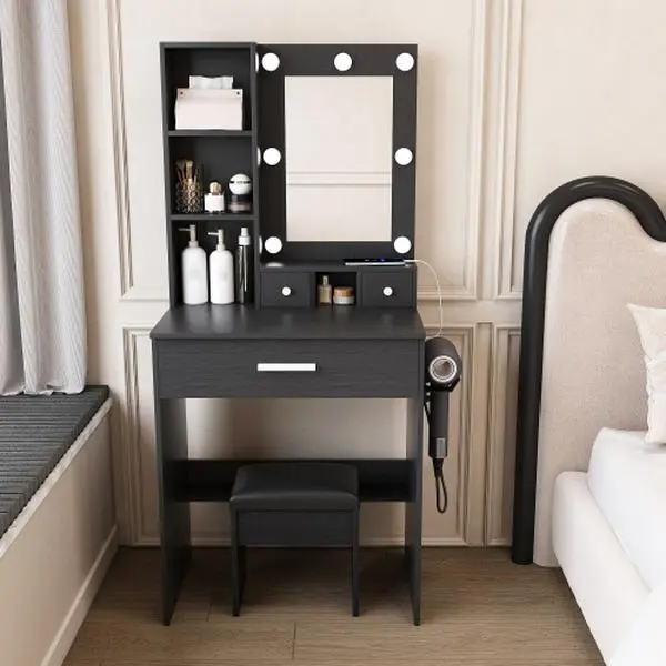 Vanity Table Furniture for Small Spaces - Compact Dressing Desk with Mirror, Adjustable LED Lights, Power Outlet, Hairdryer Holder, Drawer Organization, Single Seat Stool for Small Bedrooms, Dorms