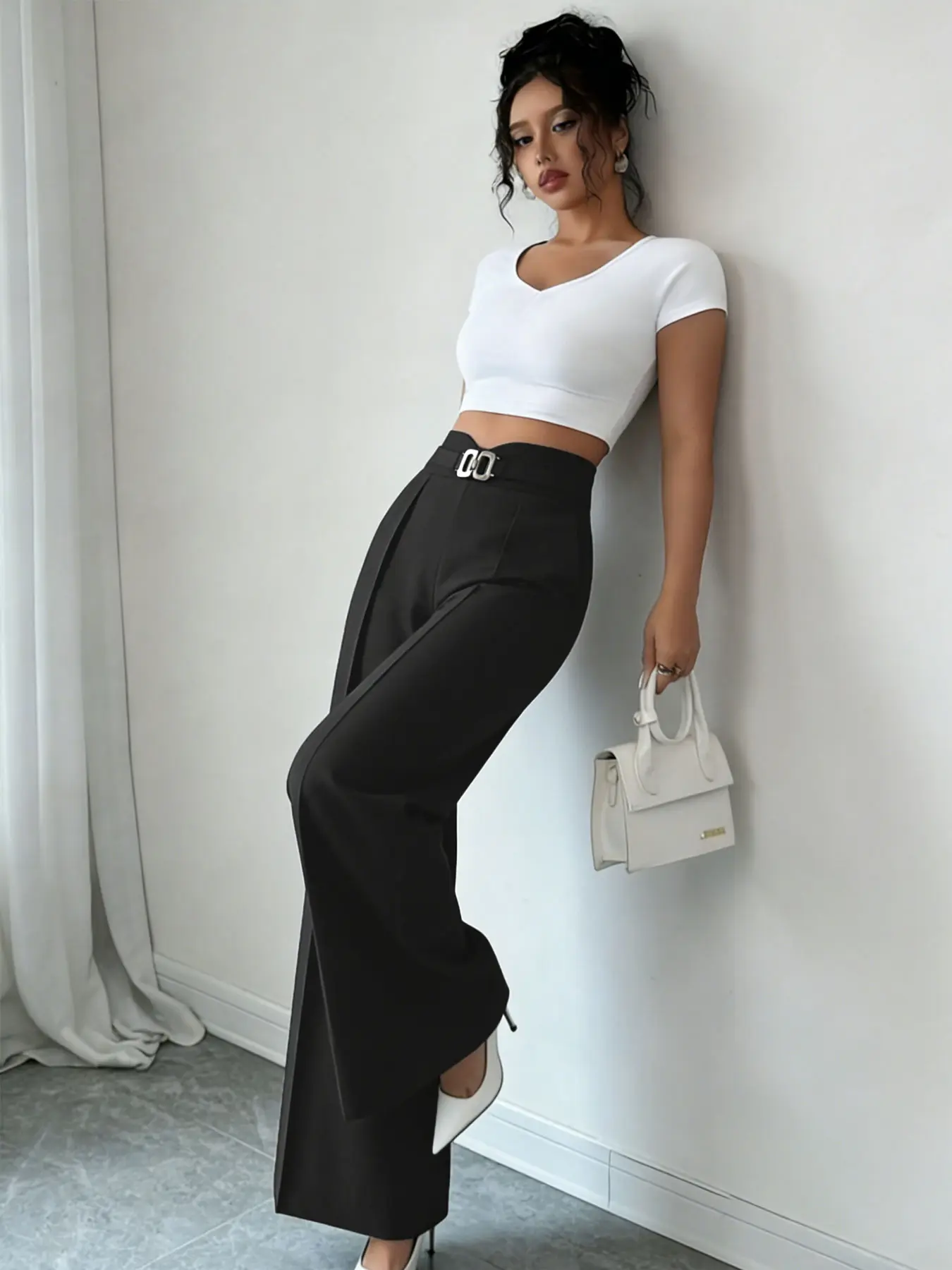 A women's black fashionable loose casual high rise high-waisted wide-leg floor-length dress pants, suitable for summer, daily commuting, and home wear. - TikTok Shop A women's black fashionable loose casual high rise high-waisted wide-leg floor-length dress pants, suitable for summer, daily commuting, and home wear. - TikTok Shop
