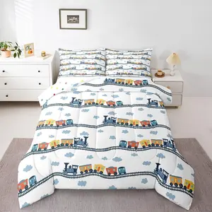 Cartoon Train Bedding Set,Boys Cute Truck Comforter Set,Car Themed Bedding Sets, & Collections Kawaii Steam Engine Insert Blue Clouds Duvet