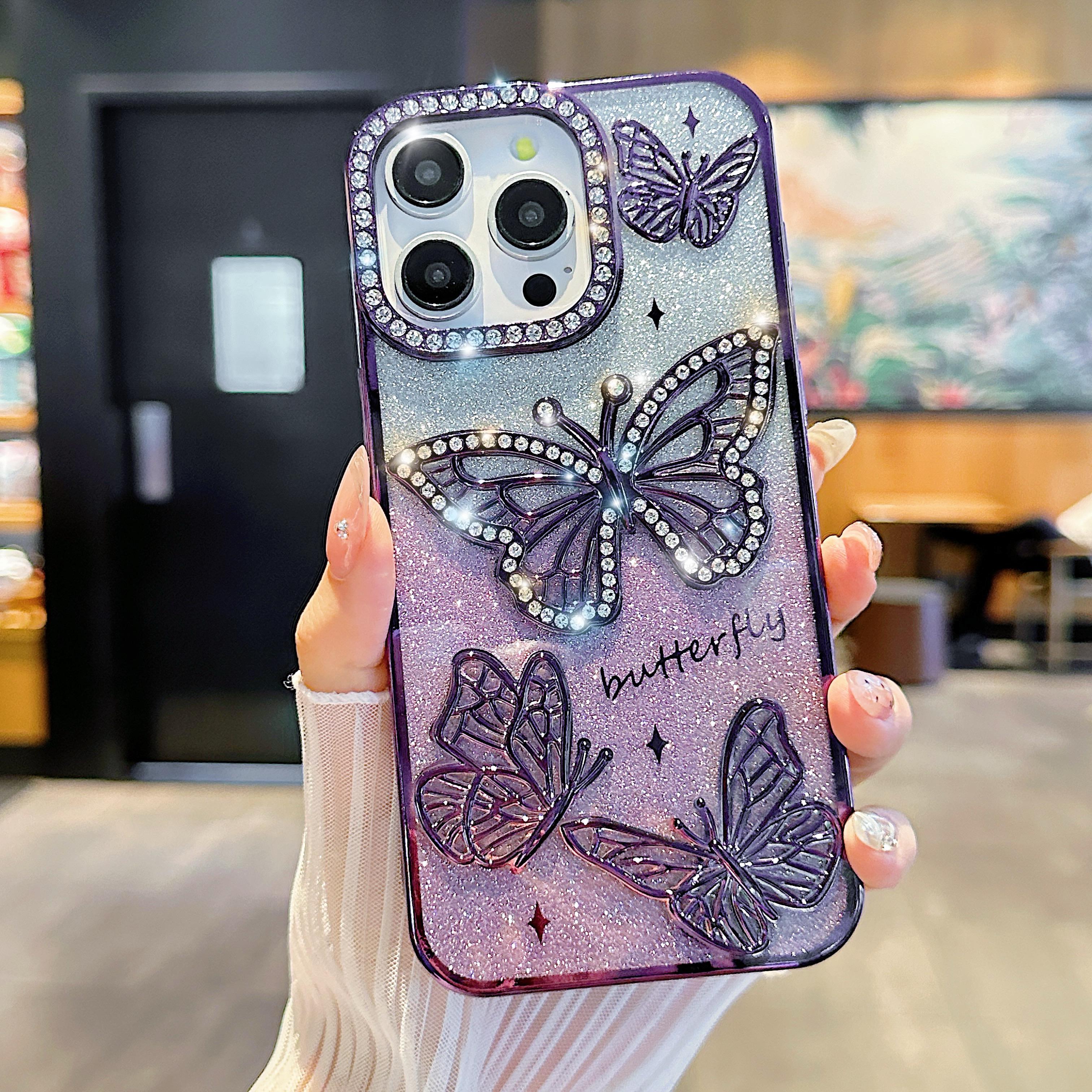3D Inlaid Rhinestone Butterfly Phone Case – Compatible with iPhone 17/16/15/14/13/12 | Gradient Glitter Electroplated Finish, Transparent Full-Cover Soft Silicone, 3D Inlaid Rhinestone Protective Case