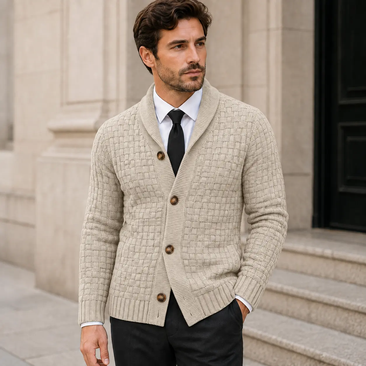 Men’s Textured Waffle Knit Cardigan Sweater - Elegant Menswear Knitwear Top with Wood-Grain Large Buttons, Long Sleeves, Front Opening, Polyester Casual Outerwear for Autumn-Winter Layering, Dry Clean Recommended