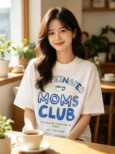 Caffeinated Moms Club Fueled By Caffeine & Chaos Oversized T-Shirt, Cute Hand Drawn Coffee Cup Graphic Mom Life Casual Cotton Tee, Funny Motherhood Aesthetic Women's Top