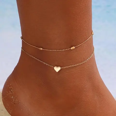 Heart Double Layered Chains Anklet, Simple Holiday Beach Style Stainless Steel Multilayer Anklet, Fashion All-match Elegant Accessories for Women for Gift Dainty Layered Anklet, Fashionable Accessory, Jewelry Gift