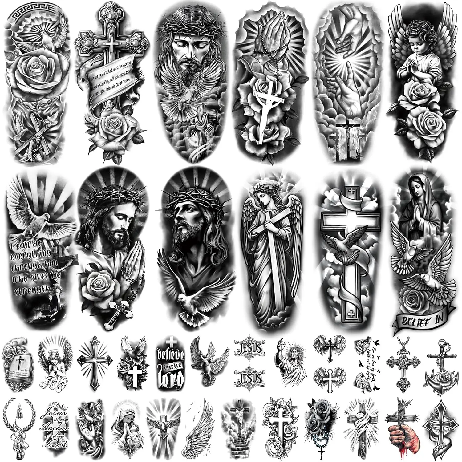 77-Sheet Realistic Christian Temporary Tattoos, Makeup Body Stickers for Adults & Kids, Religious Jesus Cross God Christ Catholic Half-Sleeve Fake Tattoos