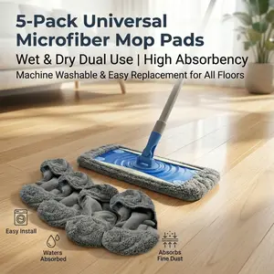 5-Pack Microfiber Mop Pads, Universal Wet & Dry Replacement Refills, Washable High-Absorbent Cleaning Cloths for All Floor Types