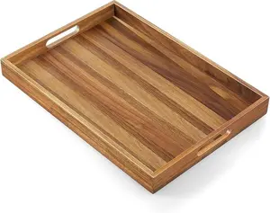 17 Inch Acacia Wood Serving Tray with Handles - Large Wooden Tray for Ottoman.