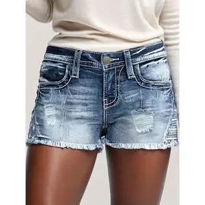 Women's Distressed Denim Shorts with Patchwork - Stretchy Ripped Jean Shorts, Raw Hem, Slash Pockets, Casual Summer Fashion, Light Wash Blue