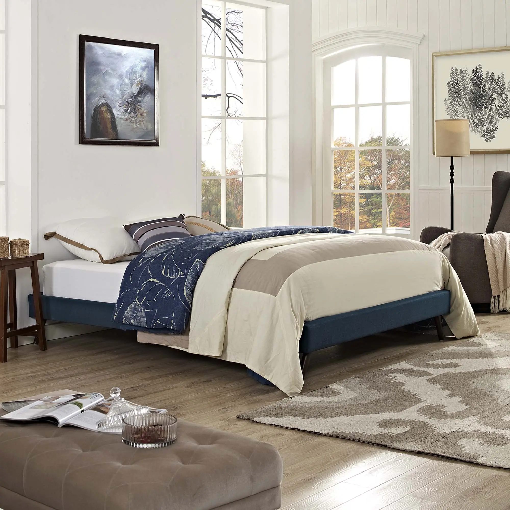 Modway Loryn Queen Fabric Bed Frame - Minimalist Contemporary Mid-Century Modern Indoor Wood Furniture with Round Splayed Legs, Supports Memory Foam Mattresses, Azure, Modern Bedroom, Fabric Bed Frames
