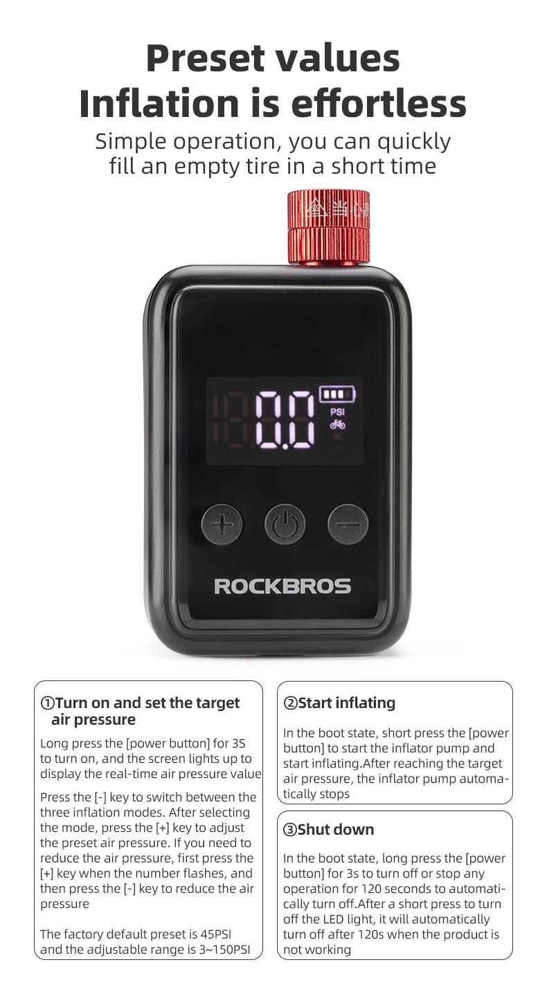 ROCKBROS Mini Bike Pump Electric 150PSI Auto-Shutoff Air Pump with Presta and Schrader Valve