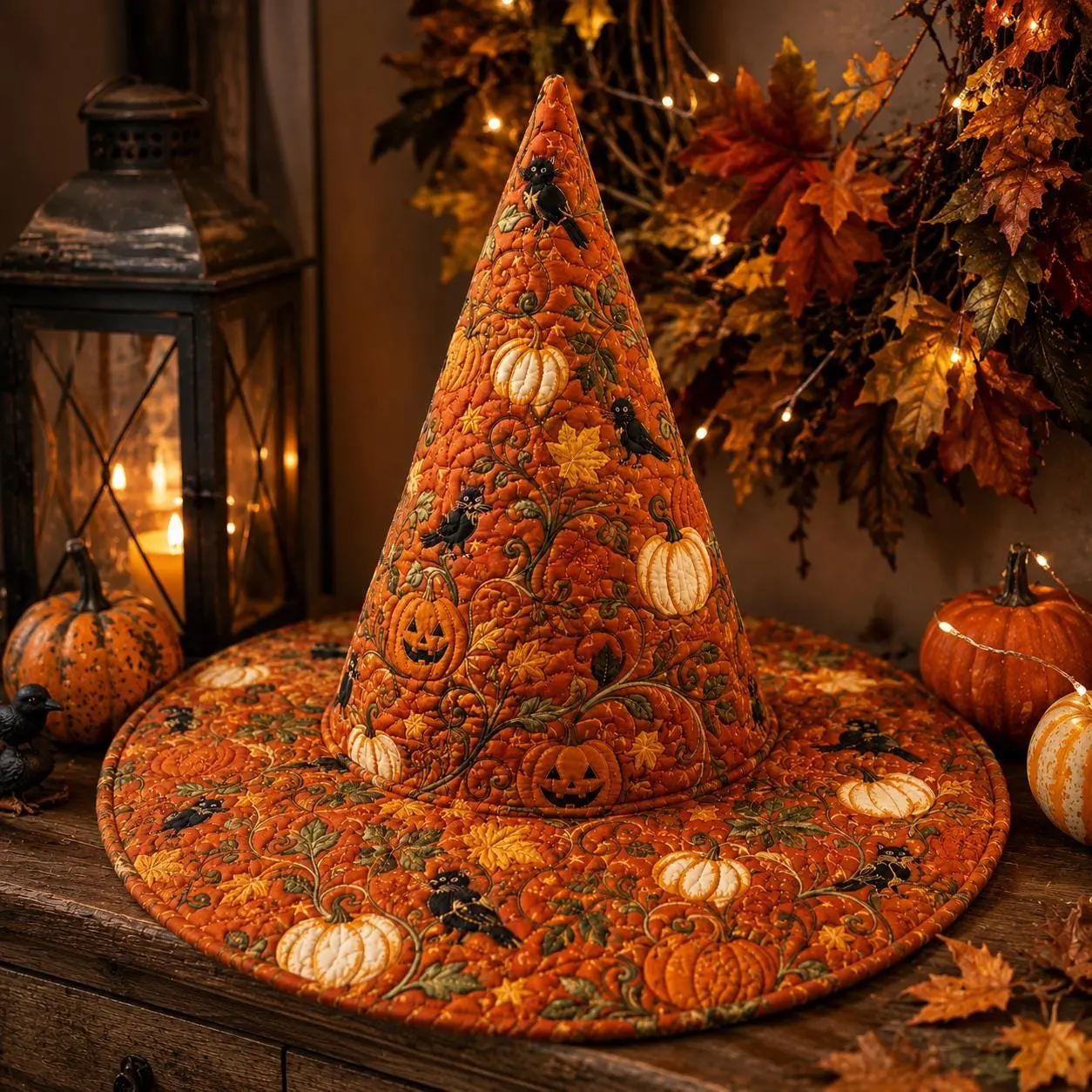 Halloween Quilted Witch Hat, Pumpkin Patch Witch Hat Decor, Handmade Fabric Halloween Hat, Fall Table Centerpiece, Spooky Seasonal Decor