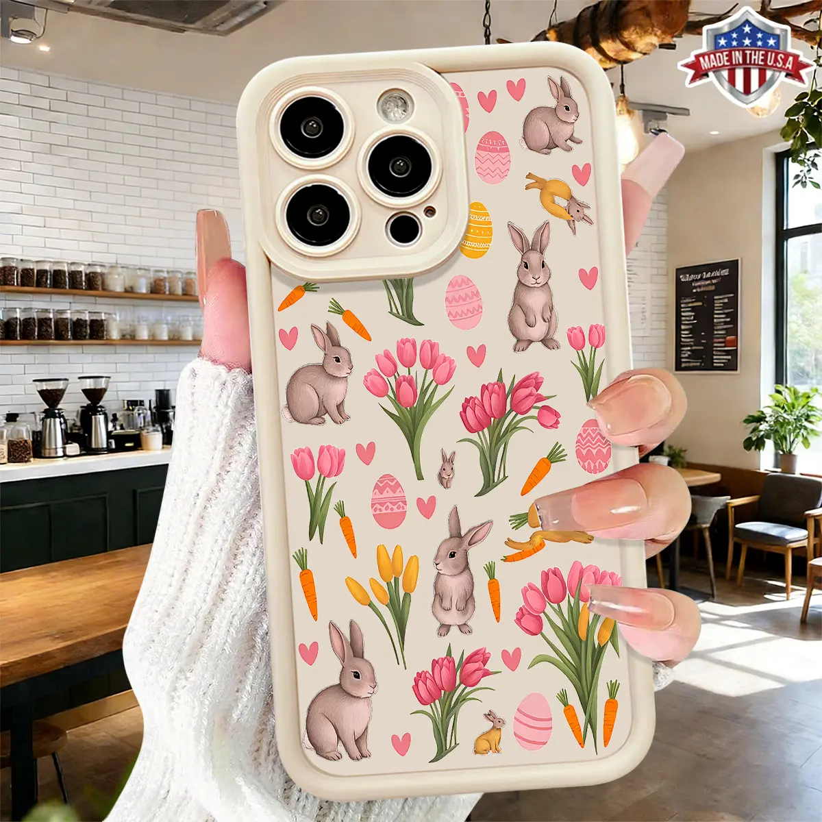 Cute Cartoon Bunny Floral Easter Pattern Case for iPhone 17 Pro Max 16 15 14 13 12 11 XR XS Plus Slim Shockproof Anti Drop Protective Lightweight TPU Cover