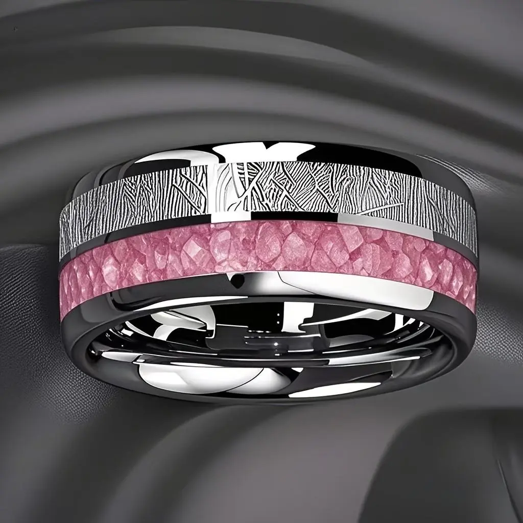 A Men'S 304L 304L Stainless Steel Ring, The Main Part Is Inlaid with Rhodochrosite And Meteorite, The Color Brings a Soft And Romantic Feeling, Exquisite And Fashionable Titanium 304L Stainless Steel 304L 304L Stainless Steel 304L 304L Stainless Ste