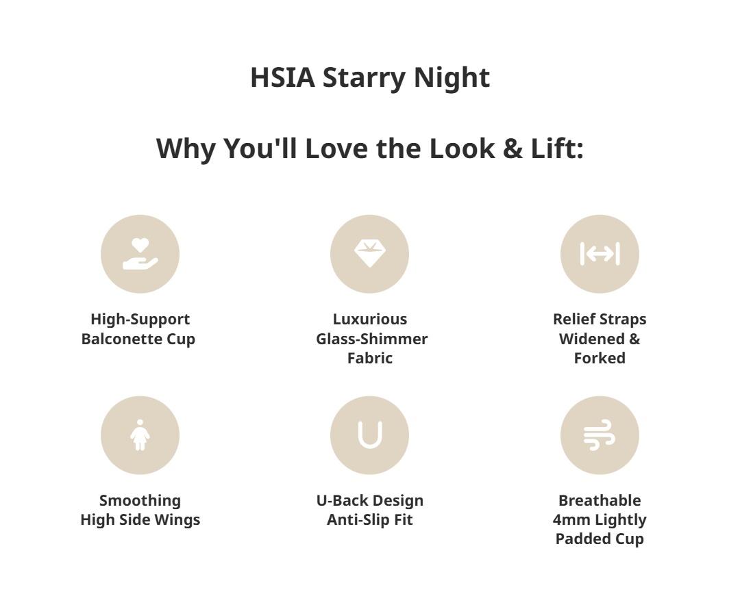 HSIA Starry Night Plus Size Glass-Shimmer Fabric Mesh 4mm Lightly Padded Balconette Bra Wide Straps Lifting Support Underwire Bra High Side Coverage Natural Push Up Effect Sexy Demi Low Cut T Seam Structure SpringStatements