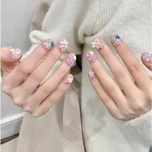T22 Pure handmade original cream florets three-dimensional petals removable press on nails.free tool.handmade nail