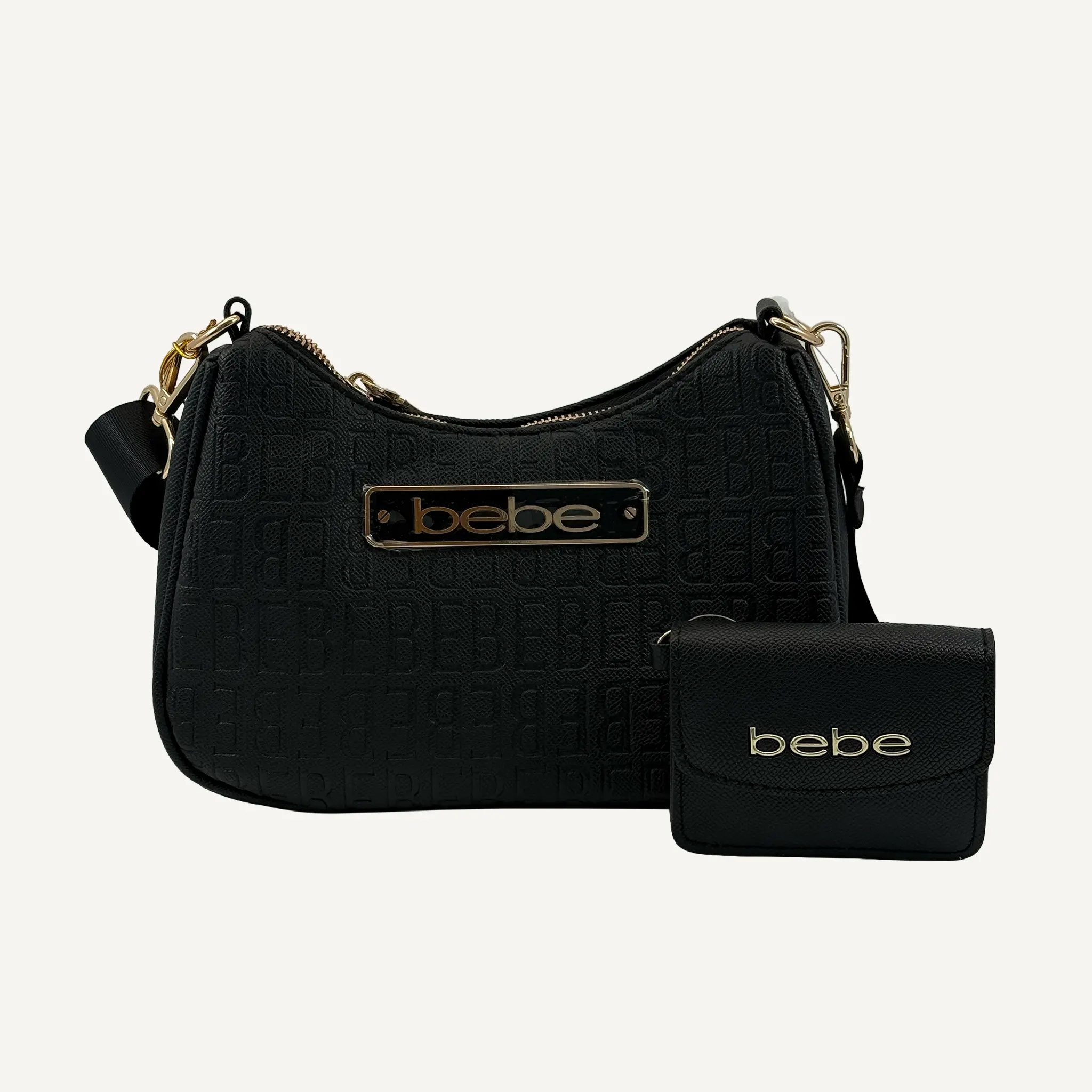 Bebe Women's Structured Metallic Embossed Monogram Denim Black Synthetic Thea Crossbody Bag - Clip, Oversized Front Logo Plaque, Includes Wallet, Adjustable Hands-Free Shoulder Strap, Zipper, Chic for Casual Looks, Everyday Purse, E02-5305