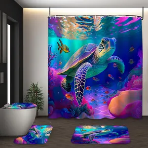LVRLVR 4Pcs Colorful Underwater Sea Turtle Print Vibrant Ocean Multi-Color Shower Curtain Set 70.8×70.8 Inch