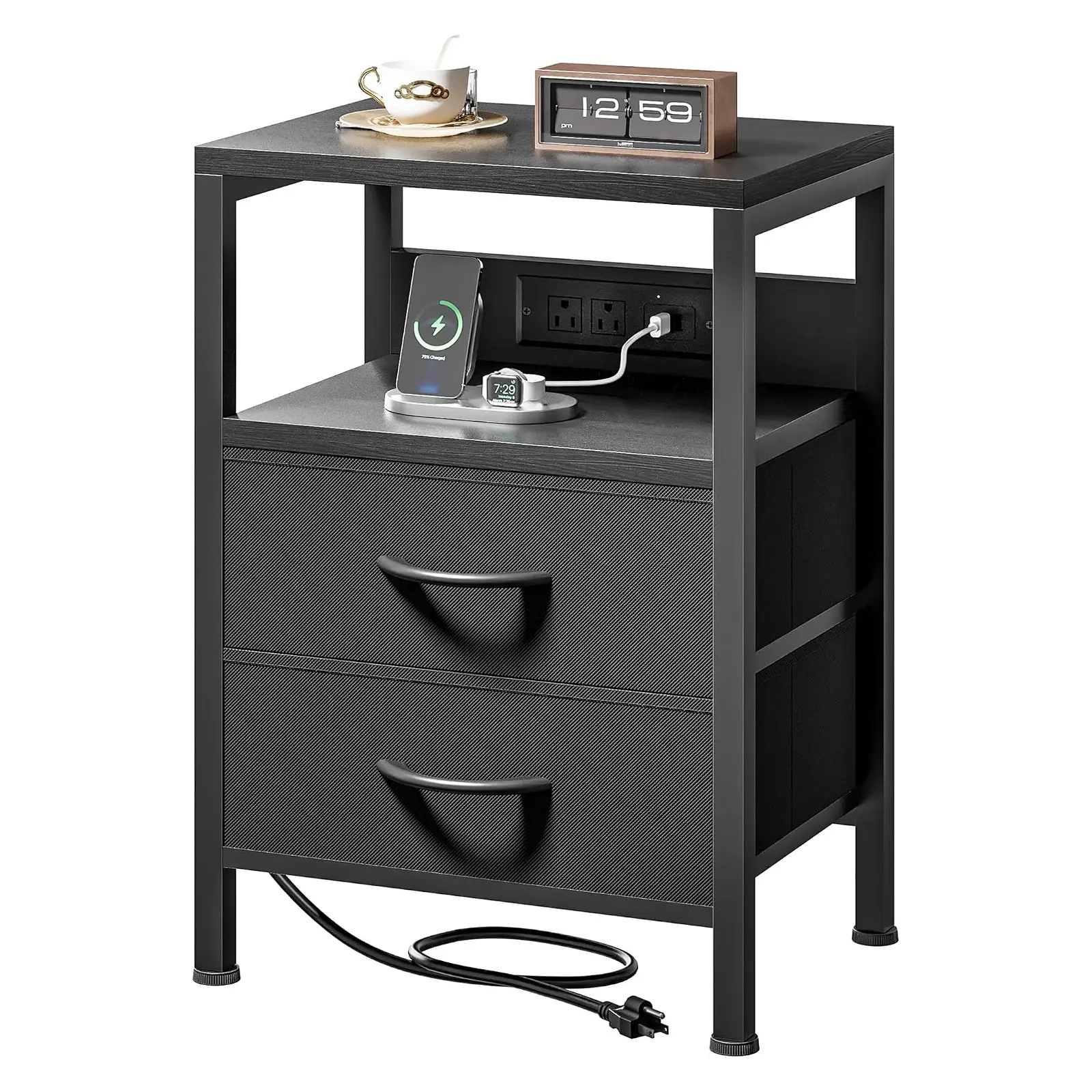 Night Stand with Charger Station for Bedroom, Black Nightstand | Bedside Table, Open Shelf, 2 Fabric Drawers, Built in USB-A, USB-C Port & AC Outlets, For Dorm, Living Room, Bedroom