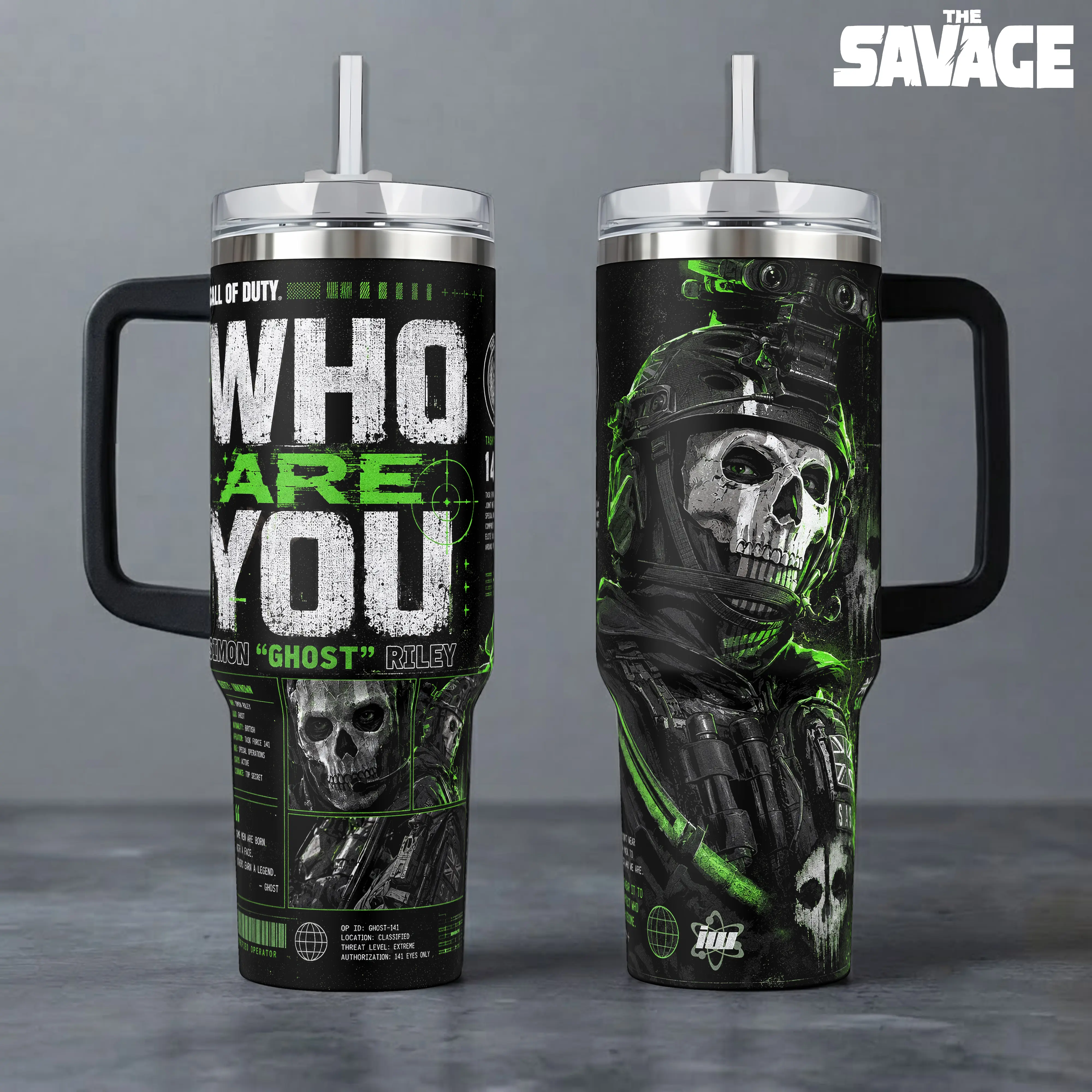 Call of Duty Task Force 141 Simon Riley Ghost Printed Insulation Water Bottles - 40oz Handle Tumbler, 20oz Portable Travel Mug with Lid, Reusable FPS Gaming Gift, Epic Green Mask Design Kitchenware Drinkware, Stainless