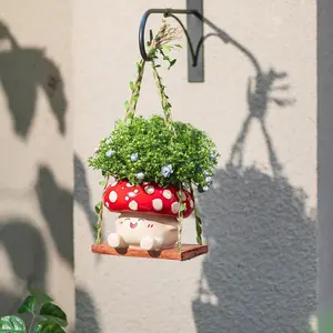 Cute Mushroom Resin Flower Pot, Unique Pots, Novel Swing Hanging Design, Bottom Drain Holes, Ideal for Gardening Lovers, Creative Gift Idea, Garden Accessories