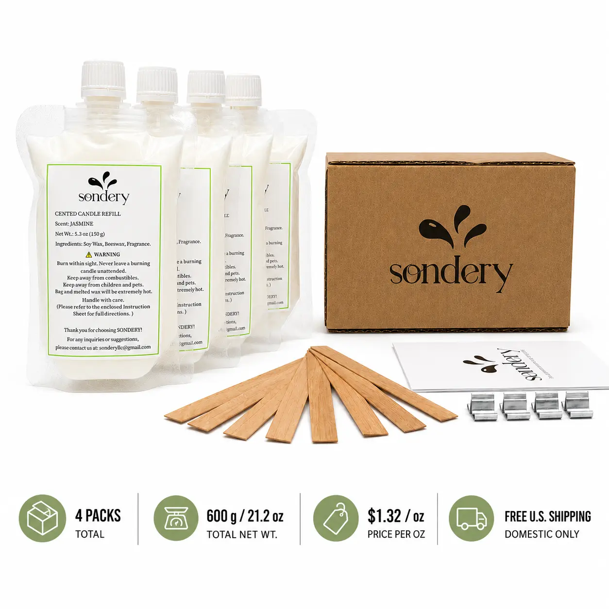SONDERY Scented Candle DIY Refill Kit - 600g Natural Wax | Premium Soy & Beeswax Blend for Aromatherapy. Includes 4 Wax Bags, 8 Wooden Wicks & 4 Metal Bases. Beginner-Friendly Crafting Supplies, 5 Scents.