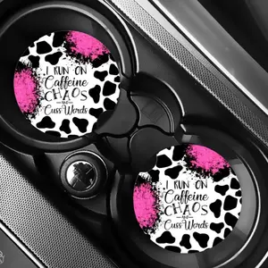 Cow Print and Pink Coffee Chaos and Cuss Words Sarcasm Car Coasters - Unique Design for Car Decoration