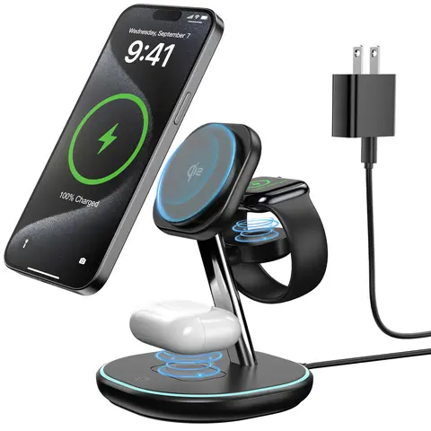 Qi2 Certified 3-in-1 Wireless Charging Stand, 15W Fast Magnetic Charger for iPhone 17/16/15/14/13/12 & Qi Phones, Apple Watch, AirPods & Qi Earbuds, 30W PD Adapter Included