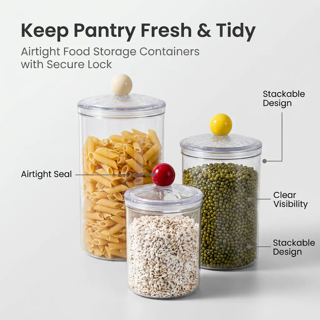 Airtight clear ABS food storage jars, stackable pantry canisters with lids, kitchen grain and snack storage containers