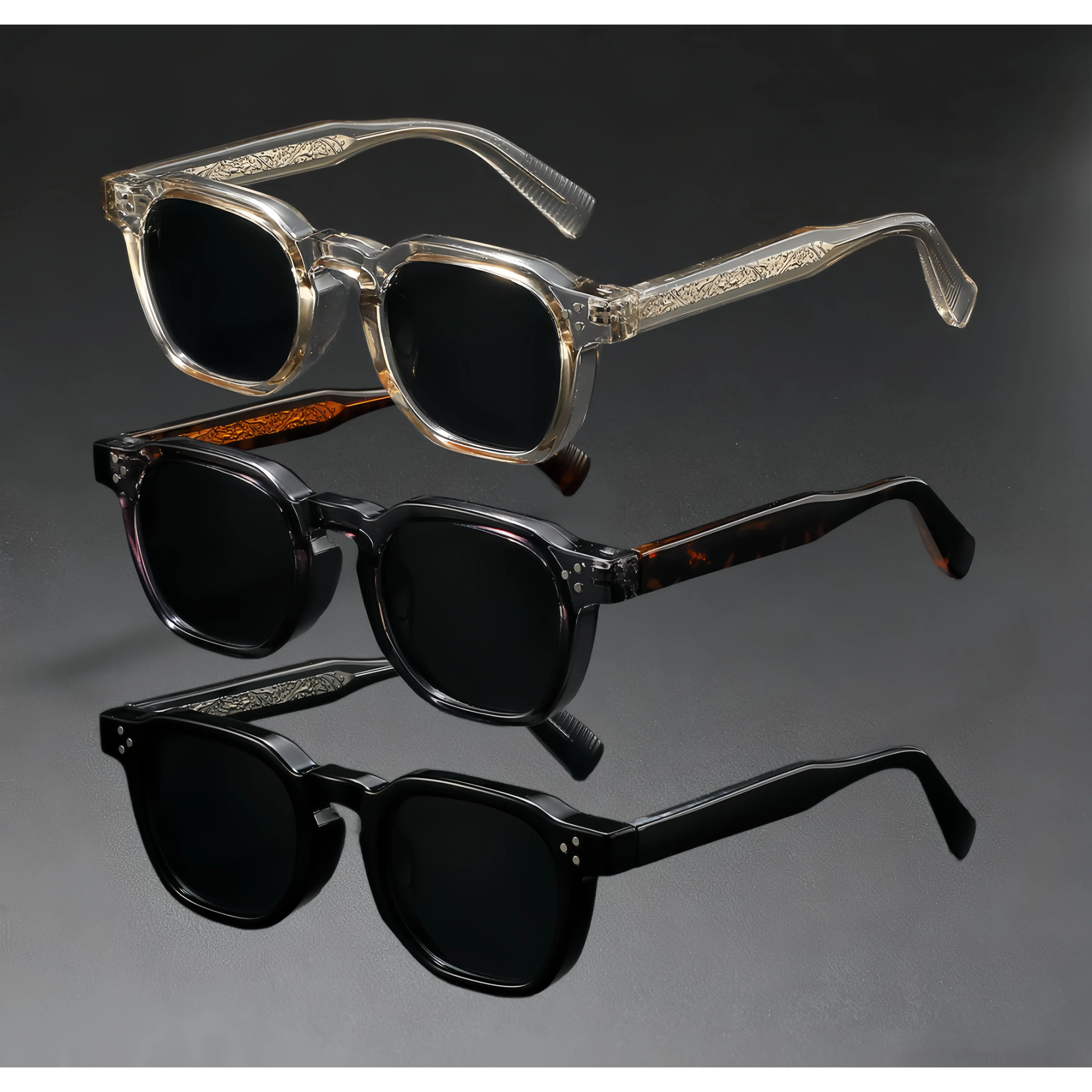 Retro Square Sunglasses 3-Pack for Men & Women, Lightweight Acetate Frames with Tortoise & Engraved Detail, UV400 Protection, Sunglasseswomen, Classic Sunglasses, Men's Sunglasses