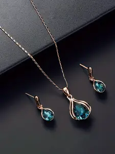 Fashion Elegant Light Luxury Blue Crystal Water Drop Necklace Earrings Set, Stylish Jewelry for Women, Perfect Gift Idea