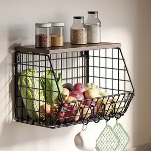 Fruit Vegetable Basket Snack Organizer Wall Mount Kitchen Basket Metal Storage Basket With Hook Countertop Storage Organizer