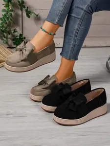 Women's Spring Fashion Bow Velvet Thick Sole Flatform Loafers, Comfortable Slip-On Casual Shoes, Round Toe Textile Upper, Plain Pattern