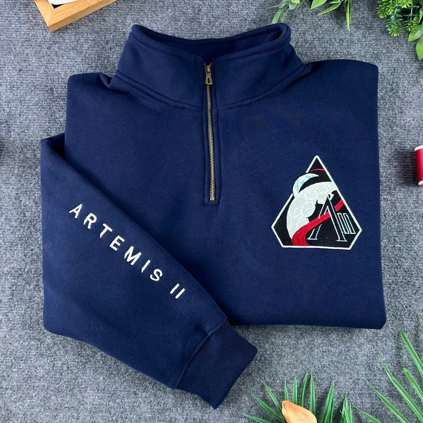 NASA Artemis II Embroidered Quarter Zip Sweatshirt, Moon Mission Patch Hoodie, Space Lover Gift, STEM Science Crewneck, Minimalist Astronaut Sweater