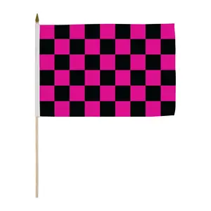 12x18in Pink & Black Checkered-Plaid Wooden Plastic Stick Flag, Bright Party Banner for Home, Festive Supplies