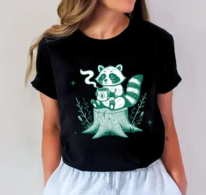 Raccoon Coffee T Shirt Cute Woodland Animal Graphic Tee Cozy Forest Nature Shirt Unisex Casual Introvert Aesthetic Top