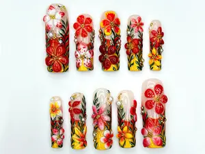 Terra Nails – Summer Floral Press On Nails | 3D Flower Art | Tropical Yellow Red | Handmade Paradise | Botanical Nail Design