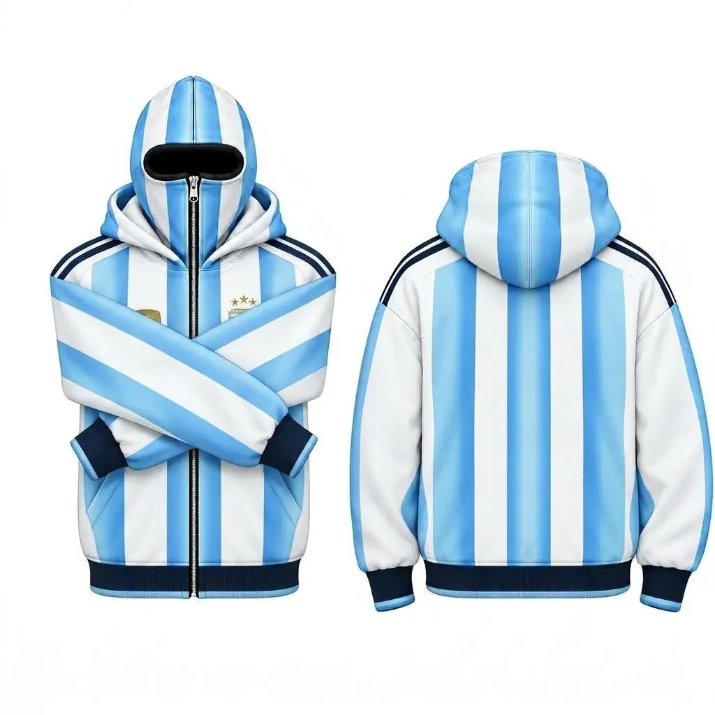 Light Blue White Striped Soccer Balaclava Hoodie, Built In Mask Ninja Full Zip Sweatshirt, 3 Star Champion Track Jacket, Oversized Game Day Warm Fleece Outerwear, Windproof Winter Streetwear Sports Coat Gift For Men Women