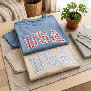 Embroidered USA Gingham Applique Shirt, Patriotic Girly Shirt, 4th of July Red Checkered Tee, USA Gift, USA Summer Tee, Women's 4th Of July Shirt, Memorial Day Gift