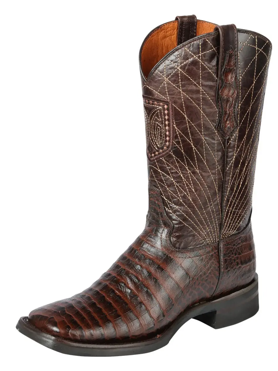Botas Rodeo de Panza de Caiman Grabado Punta Cuadrada Color Cafe - El General