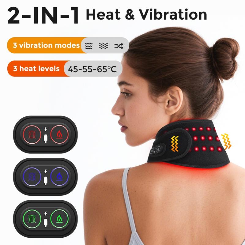 Electric Heating Neck Massager, Wireless Hot Compress Neck Wrap, 660nm & 850nm Light, 3 Vibration Levels, 3 Heating Levels, Suitable for Neck, Hands, Legs, and Wrists, Relaxation Aid