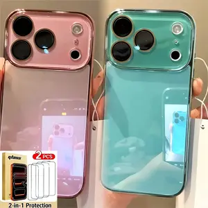 Luxury Tempered Glass Camera Protection phone case For iPhone 17 16 15 14 13 12 Pro Max Plating Shockproof Bumper Hard Back Cover Protective ProtectorIncludes Tempered Glass Screen Protector