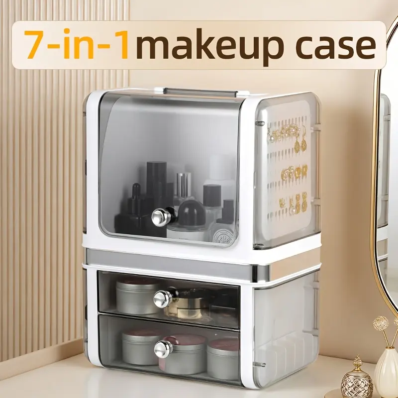 LDQ Brand Large-Capacity Rectangular Single-Unit Pu Leather Makeup Organizer with Drawers & Shelves, Transparent Matte Plastic Dustproof Vanity Organization Solution, Waterproof Jewelry-Earring Holder for Adults’ Bathroom Dresser