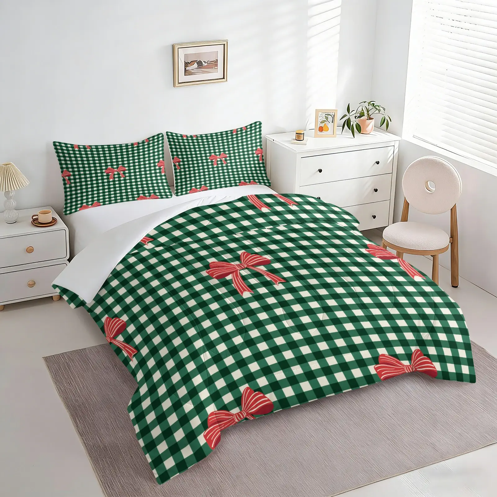 2/3pcs Green Gingham Comforter Set, Red Bow Print Quilt Bedding Set with Pillowcases, Coquette Christmas Holiday Plaid Bedspread, Soft Microfiber, Lightweight All-Season, Festive Bedroom Decor for Teens Girls