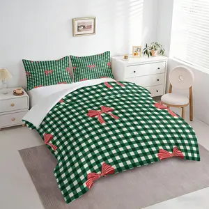 2/3pcs Green Gingham Comforter Set, Red Bow Print Quilt Bedding Set with Pillowcases, Coquette Christmas Holiday Plaid Bedspread, Soft Microfiber, Lightweight All-Season, Festive Bedroom Decor for Teens Girls