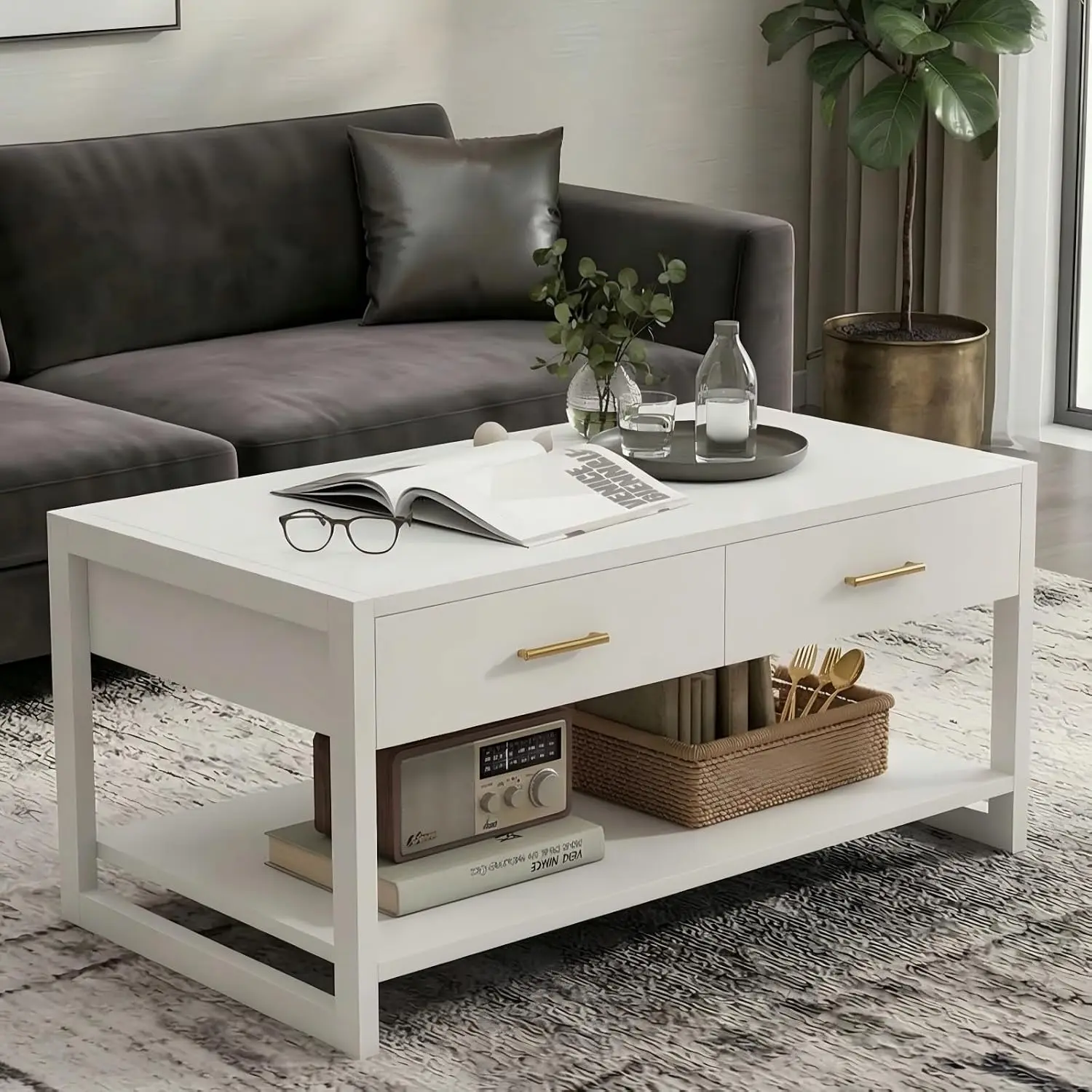 Vomena Smart LED Coffee Table with Motion Sensor Light, 2 Large Drawers & Open Storage Shelf