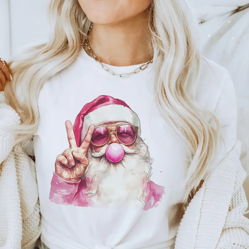Retro Bubblegum Santa Peace Tee Christmas Santa Bubblegum Tshirt Funny Sunglass Santa Clause T-Shirt Christmas Bubblegum Santa Clause Top Womans Christmas Gift
