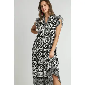Umgee Full Size Two Tone Border Print Ruffle Cap Sleeve Midi Dress Plus Size