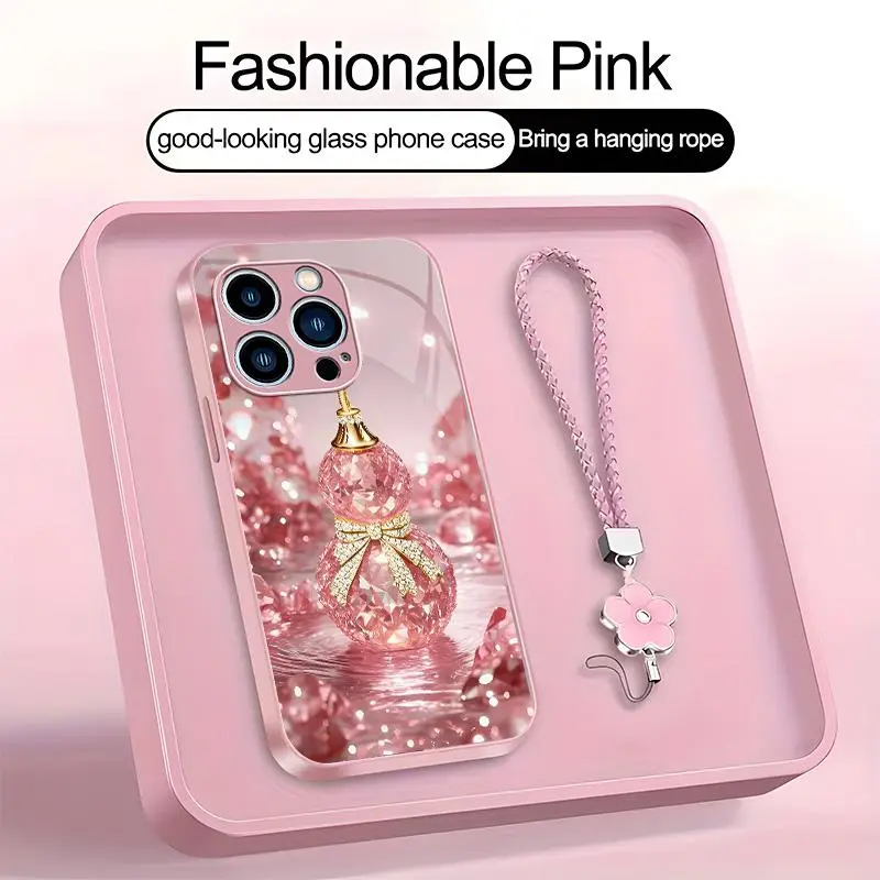 Suitable for [iPhone 15 Pro] high-end phone case，a beautiful four-leaf clover lanyard is included,printed case, no glitter，high-end crystal clear gourd, bringing you good luck，a variety of colors are available for you to choose from 995